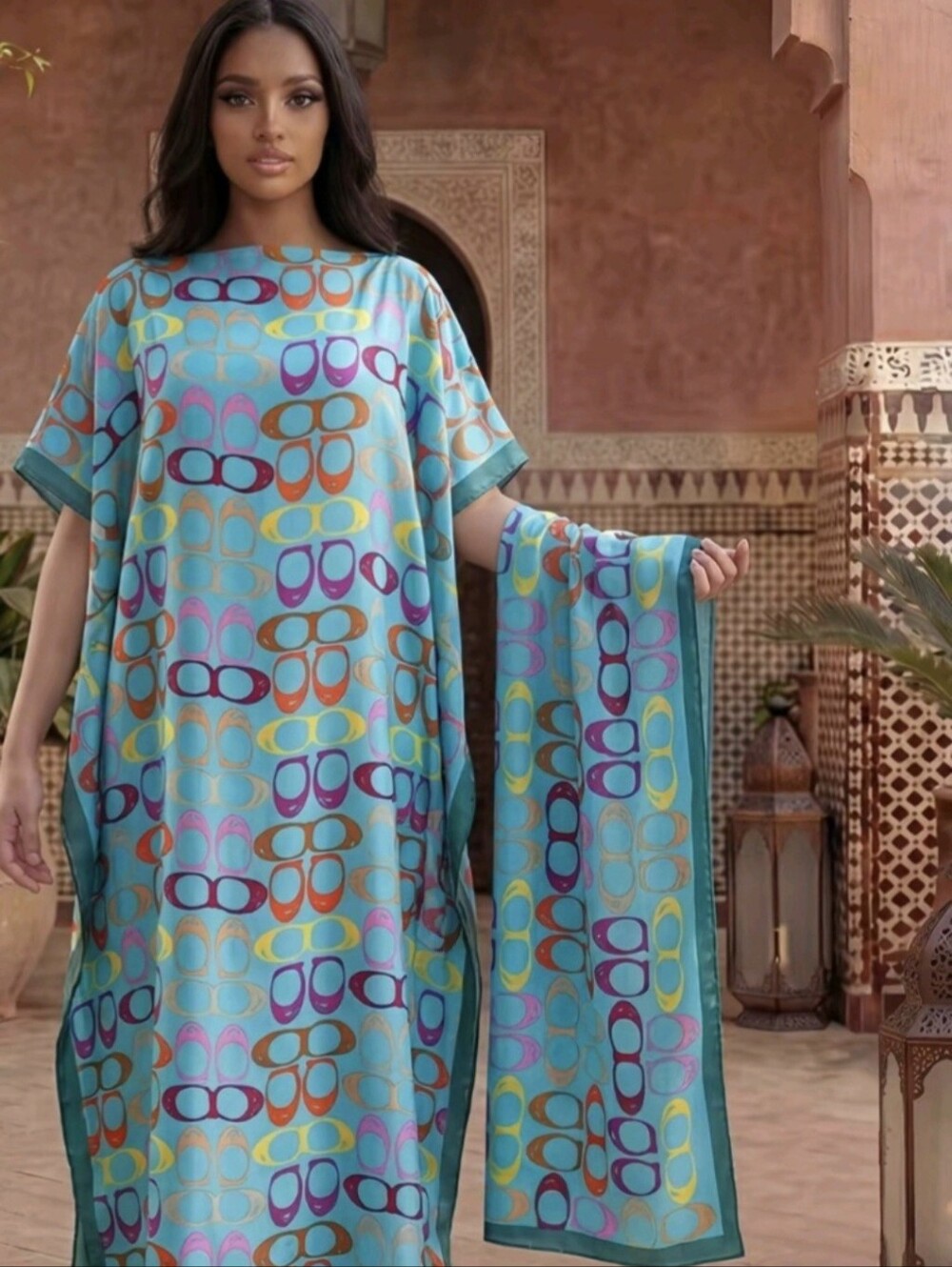 Woman Elegant Geometric Print Robe Set Fitted Long Dress With Matching Scarf